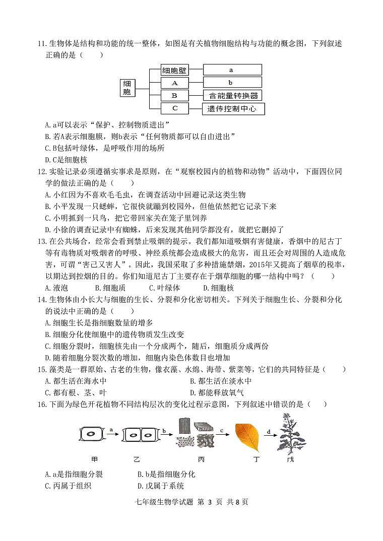 七年级生物试卷B第3页