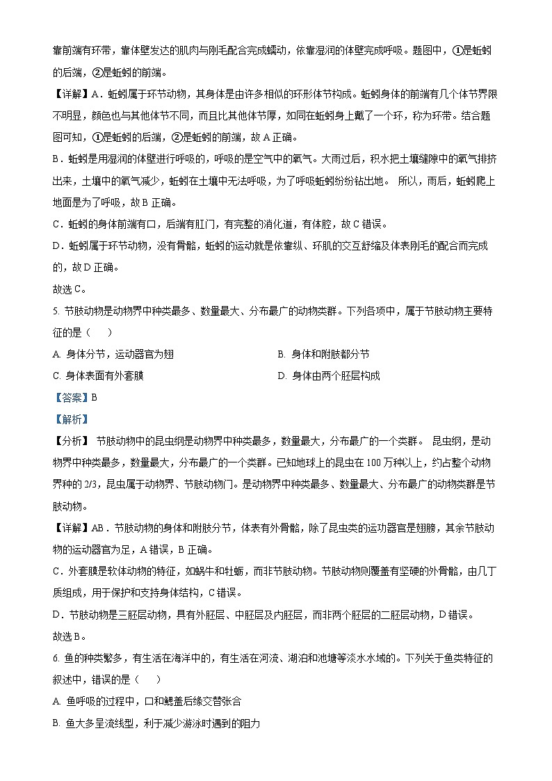 云南省昆明市寻甸回族彝族自治县第一中学2024-2025学年八年级上学期期中生物学试题(解析版)-A4第3页