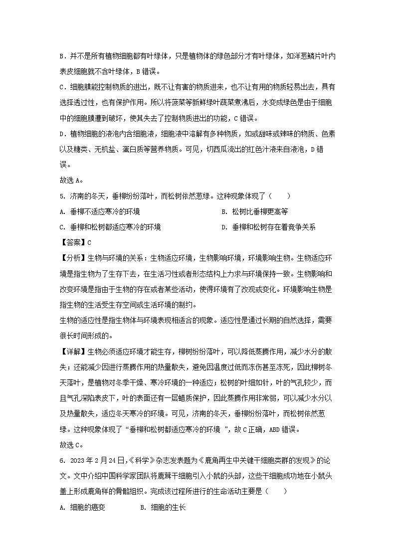 2023~2024学年山东省聊城市临清市七年级(上)期中考试生物试卷(解析版)第3页