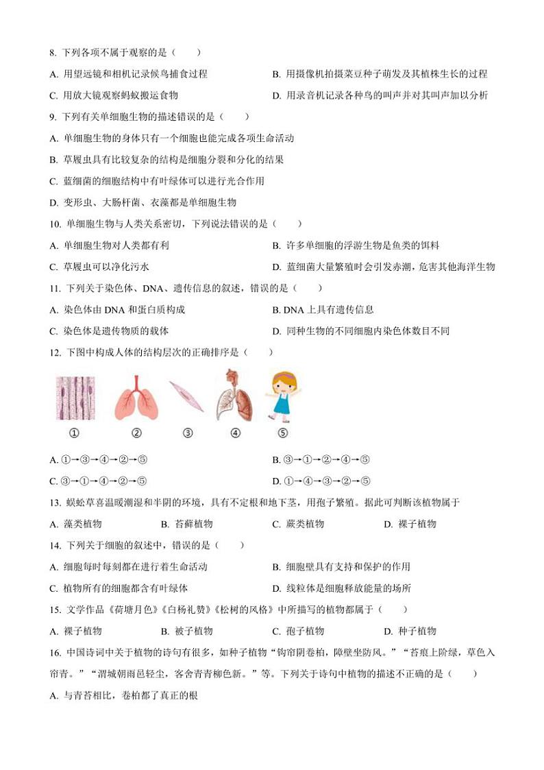 2024~2025学年山东省青岛市胶州市七年级(上)期中生物试卷(含答案)第2页