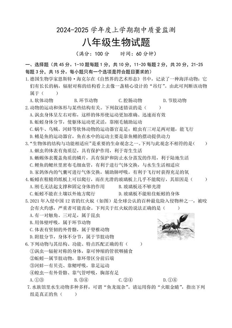 山东省日照市岚山区2024~2025学年八年级(上)期中生物试卷(含答案)第1页