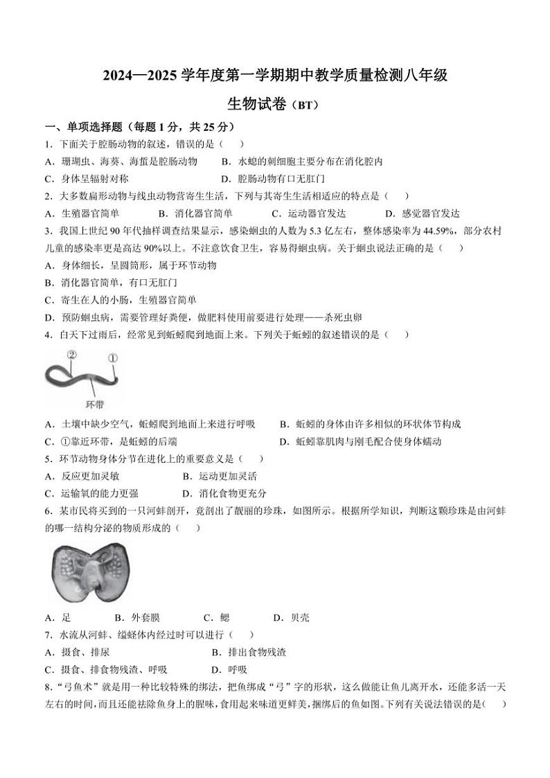 2024~2025学年河北省沧州市泊头市八年级(上)期中生物试卷(含答案)第1页