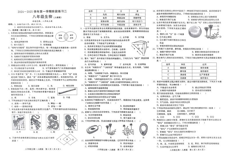 2024-2025河北邢台八年级上第二次月考生物第1页