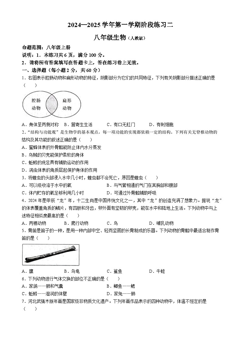 河北省邢台市信都区十九中学2024-2025学年八年级上学期12月月考生物试题第1页