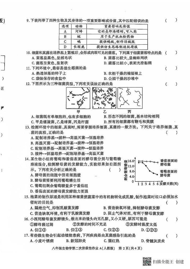 陕西省西安市蓝田县2024-2025学年八年级上学期生物第二次月考质量检测试卷第2页