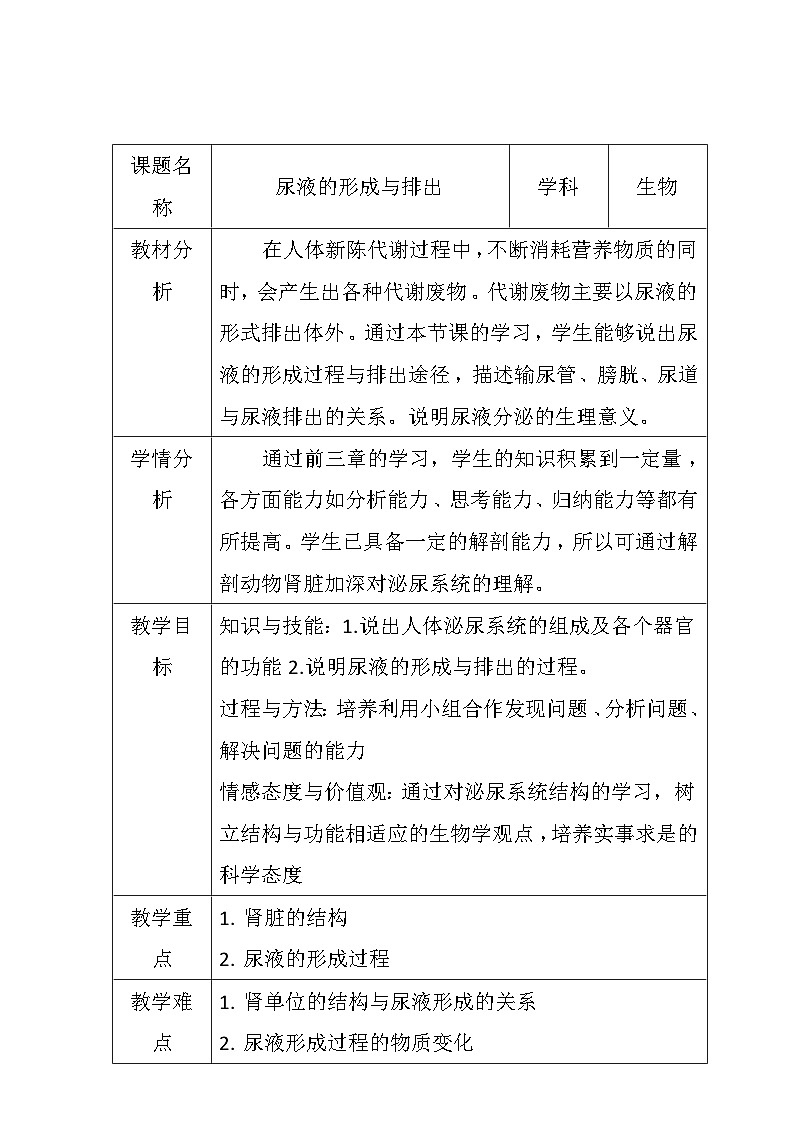 .3.4.1尿液的形成与排出 教学设计-2023-2024学年济南版生物七年级下册第1页
