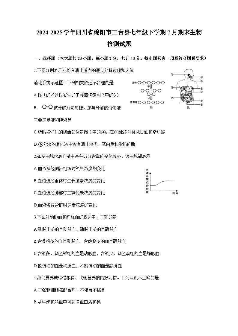 2024-2025学年四川省绵阳市三台县七年级下学期7月期末生物检测试题（含答案）