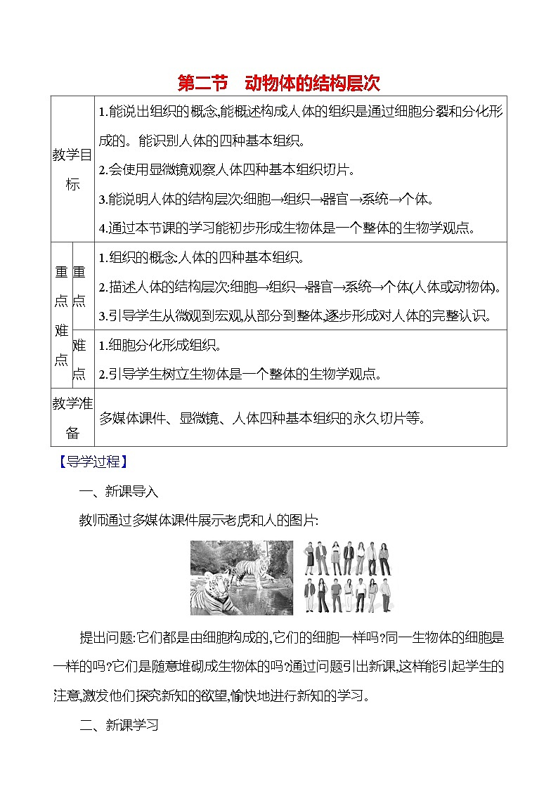 人教版生物七年级上册 1.3.2 动物体的结构层次 教案第1页