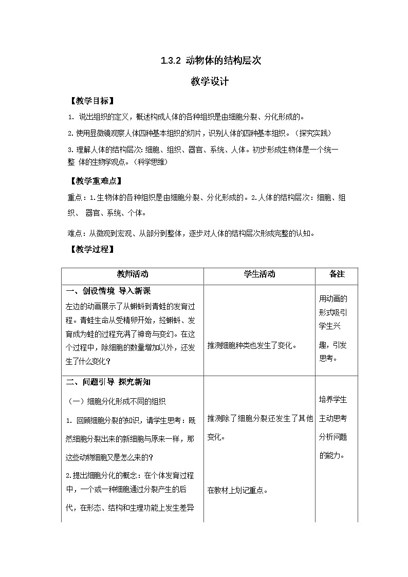 人教版生物七年级上册 1.3.2 动物体的结构层次 教案(表格式)第1页