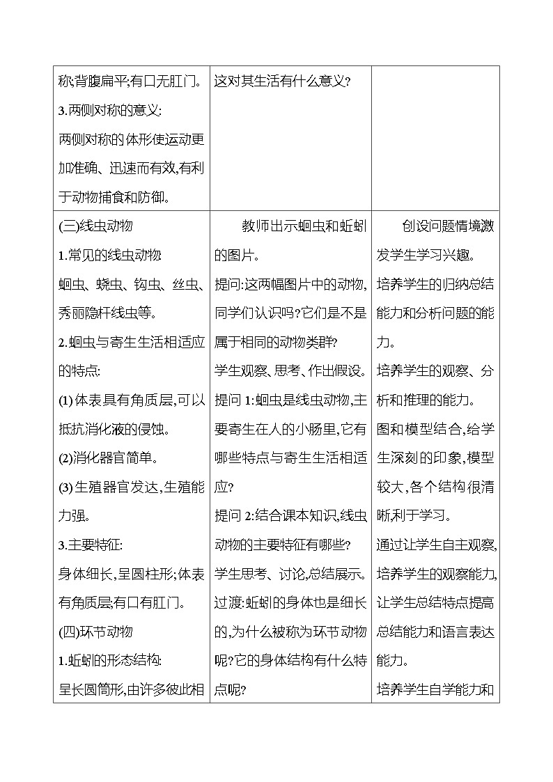 人教版生物七年级上册 2.2.1 无脊椎动物 教案(表格式)第3页