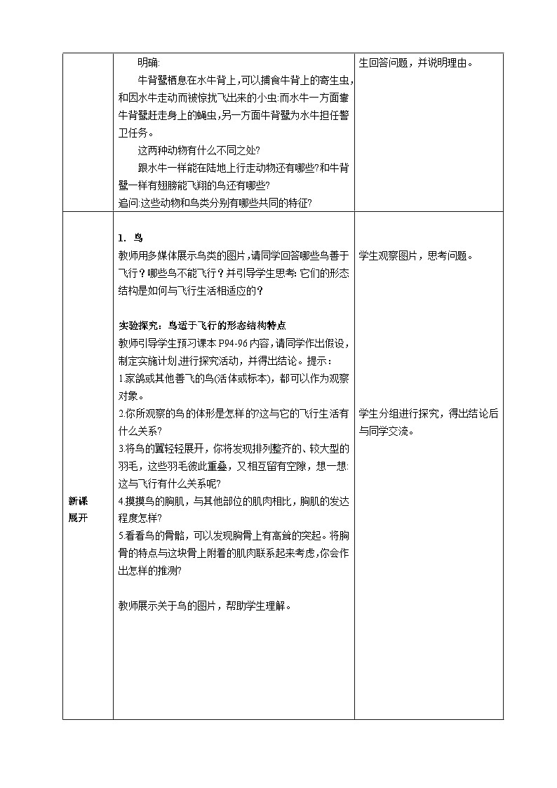 人教版生物七年级上册 2.2.2   脊椎动物——鸟和哺乳动物 教案第2页