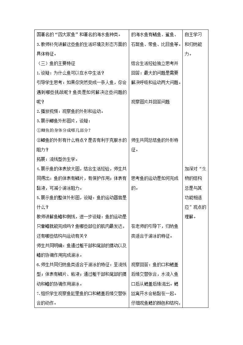 人教版生物七年级上册 2.2.2 脊椎动物(第1课时—鱼)教案表格式第2页