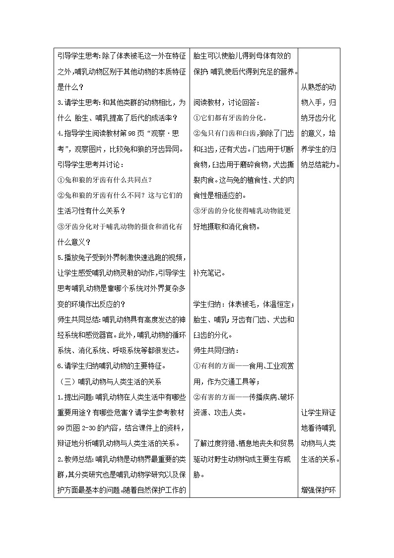 人教版生物七年级上册 2.2.2 脊椎动物(第4课时—哺乳动物)教案表格式第2页