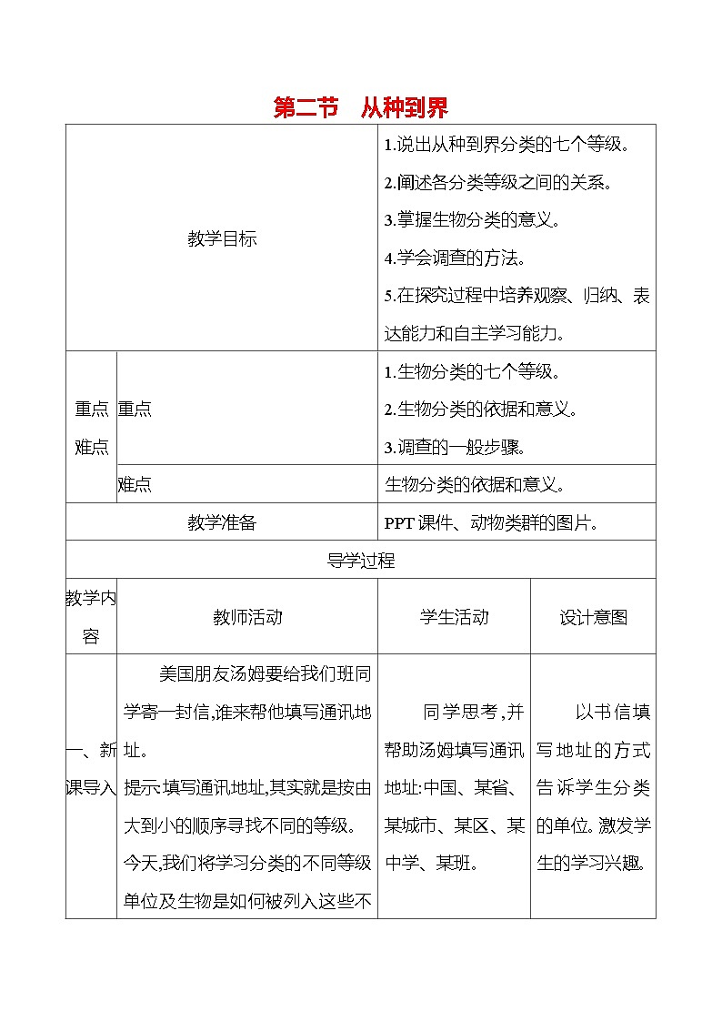 人教版生物七年级上册 2.4.2 从种到界 教案 (表格式)第1页