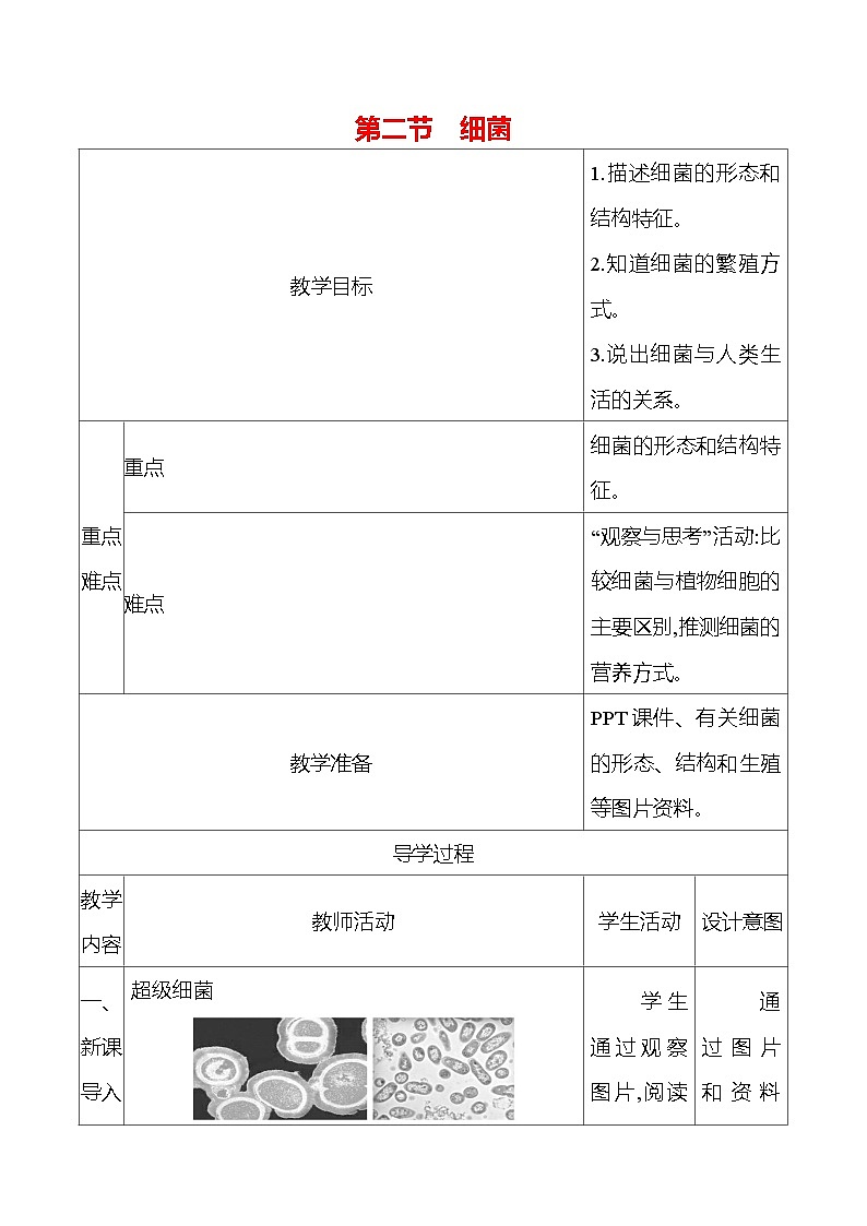 人教版生物七年级上册 2.3.2 细菌 教案 (表格式)第1页