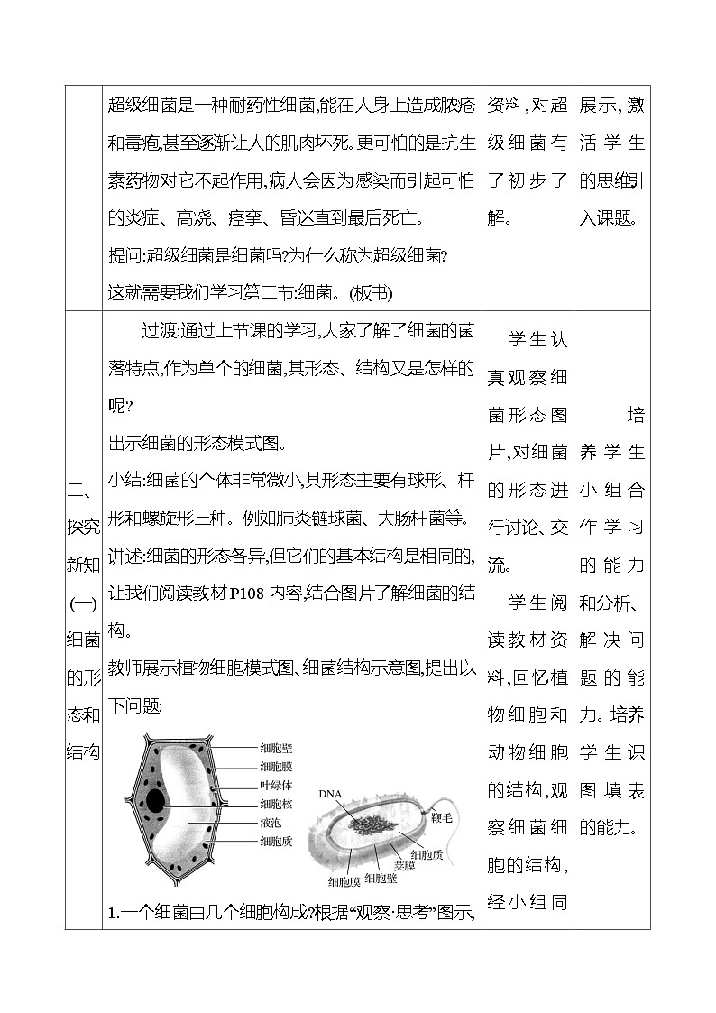 人教版生物七年级上册 2.3.2 细菌 教案 (表格式)第2页