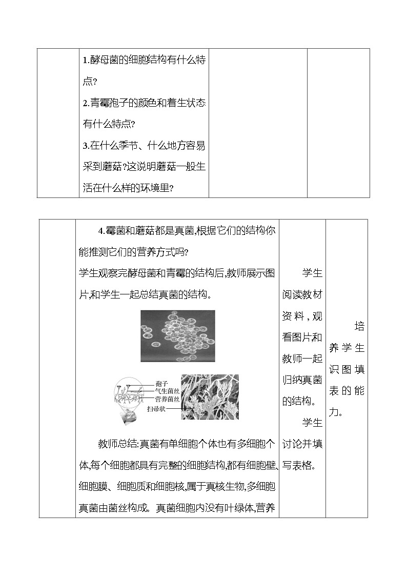 人教版生物七年级上册 2.3.3 真菌 教案(表格式)第3页