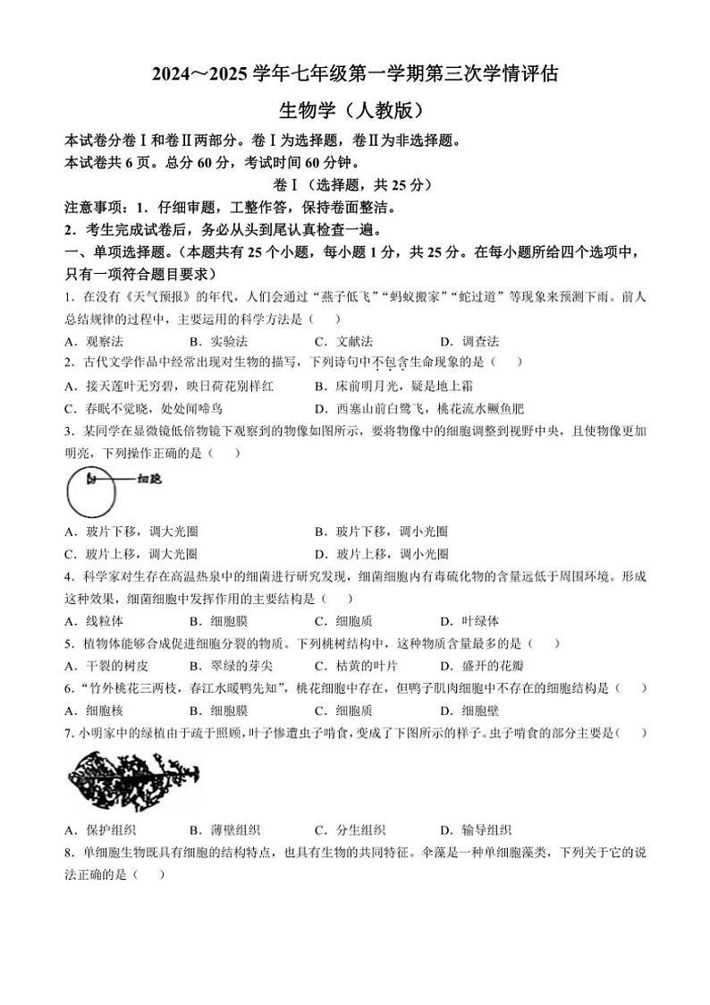 2024~2025学年河北省石家庄市行唐县第一中学七年级(上)第三次月考生物试卷(无答案)第1页