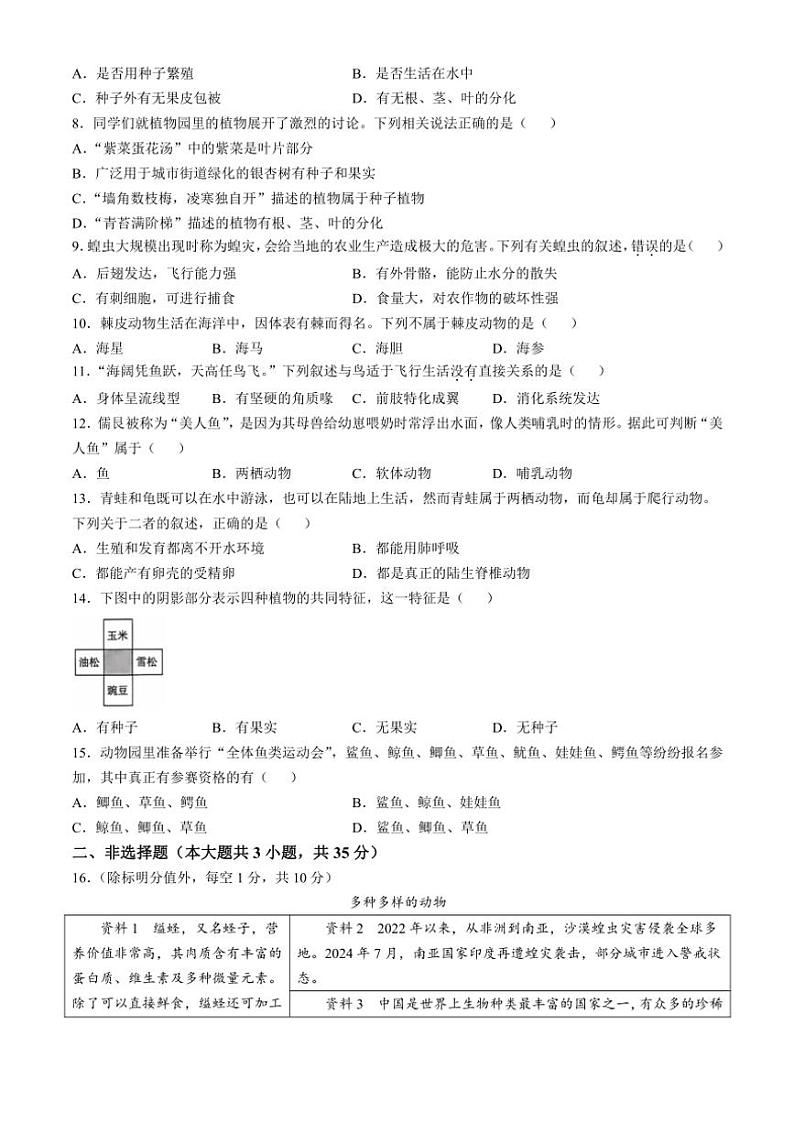 2024~2025学年山西省临汾市七年级(上)第二次月考生物试卷(无答案)第2页
