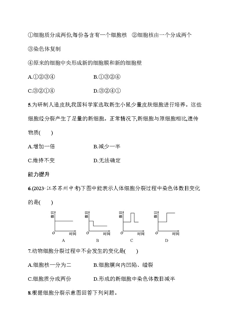 2024-2025学年人教版生物七年级上册 1.3.1 细胞通过分裂产生新细胞 同步练习(含答案) 人教版 生物七年级上册第2页