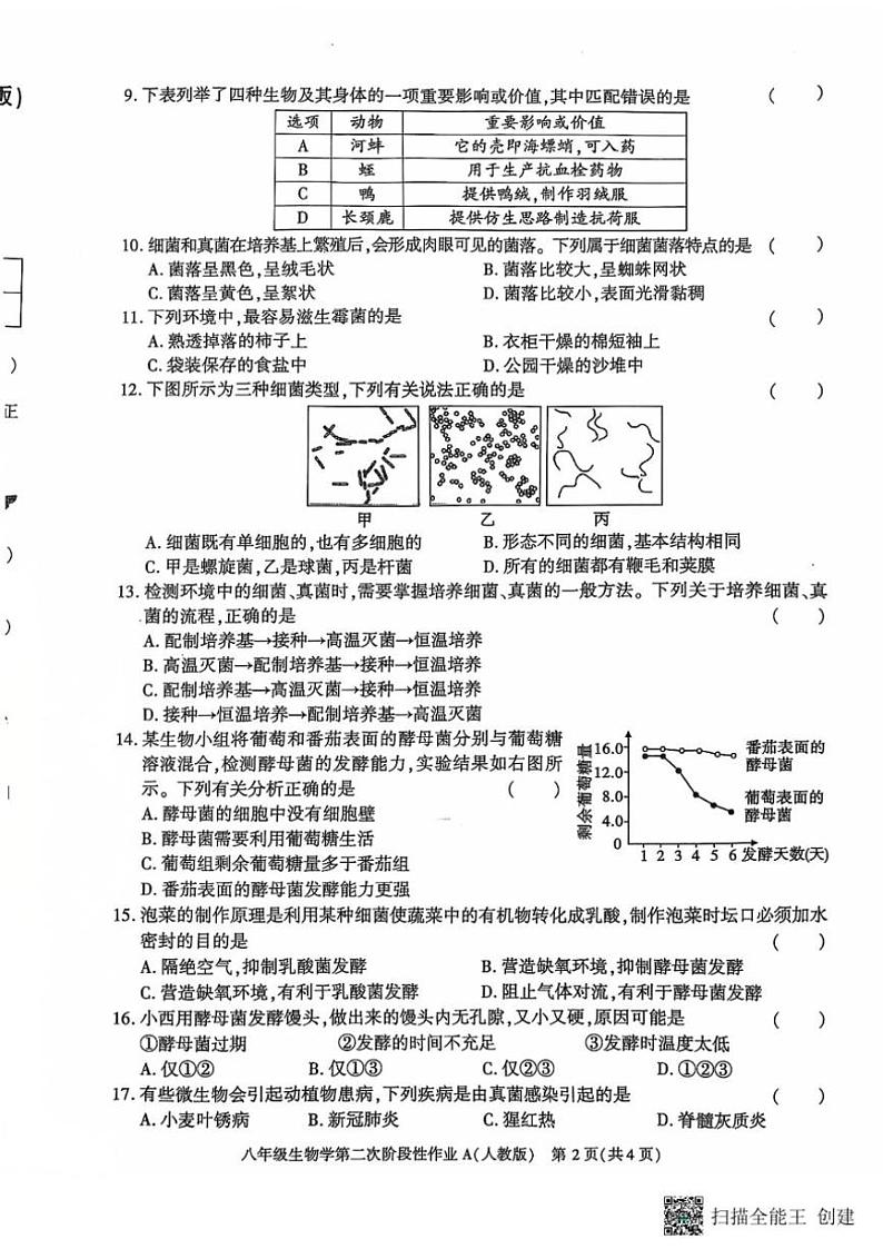 2024~2025学年陕西省西安市蓝田县八年级(上)第二次月考质量检测生物试卷(含答案)第2页
