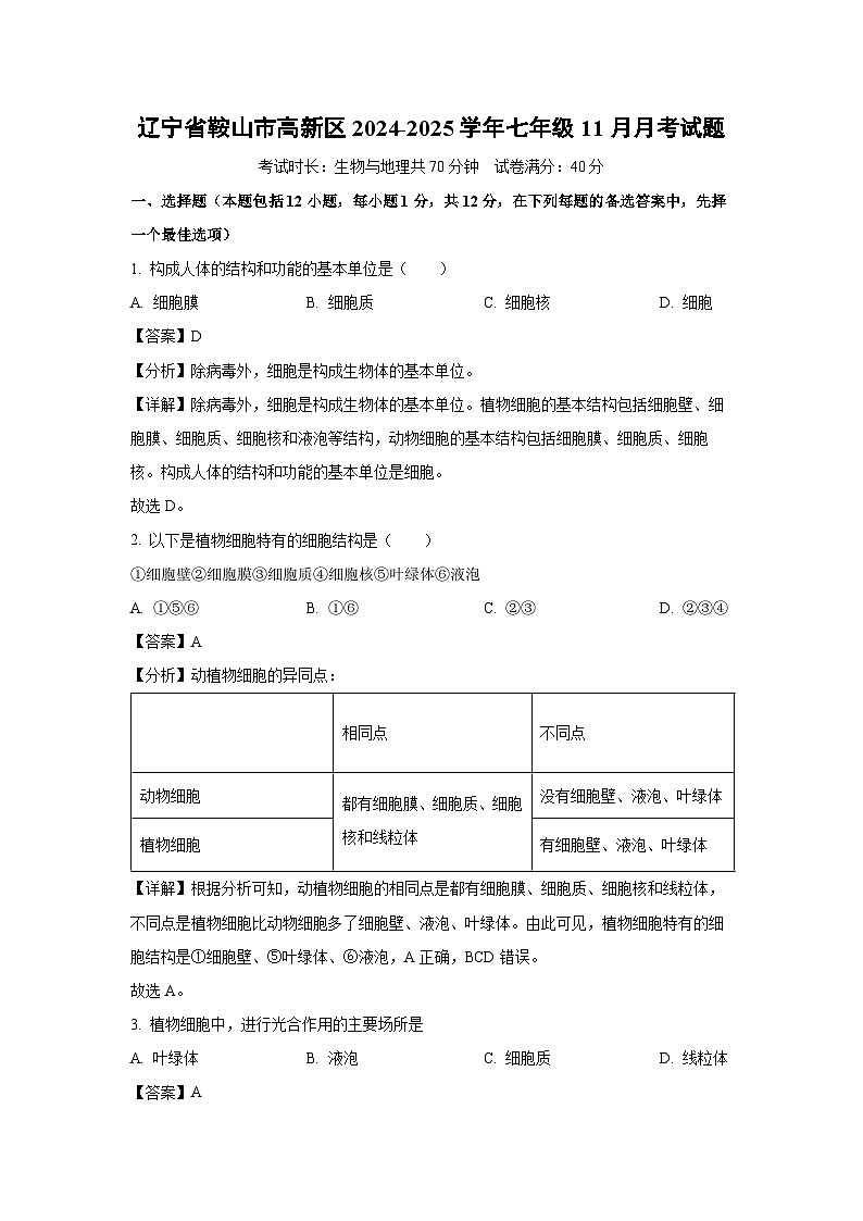 2024-2025学年辽宁省鞍山市高新区七年级(上)11月月考生物试卷(解析版)第1页