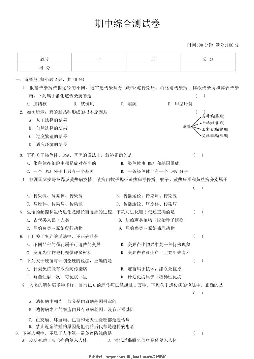 2024～2025学年苏科版生物八年级下册期中综合测试卷(含答案)