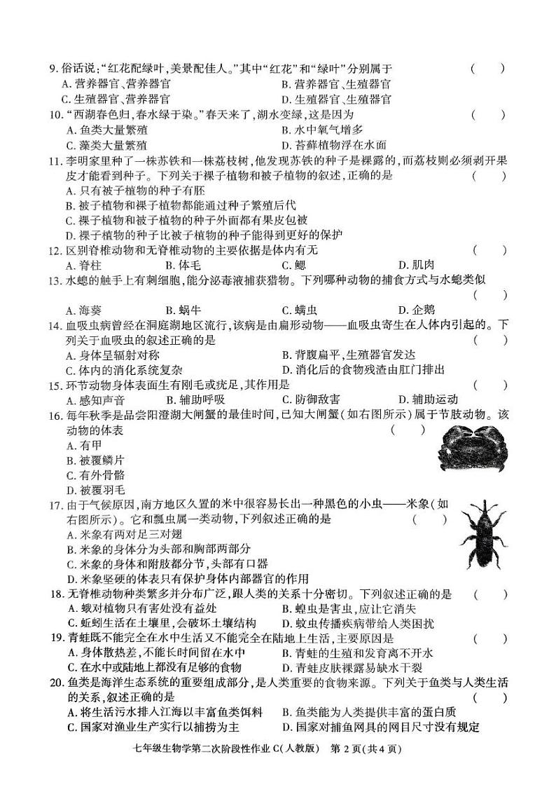 陕西省榆林市子洲县周家硷中学2024-2025学年七年级上学期12月月考生物试题第2页