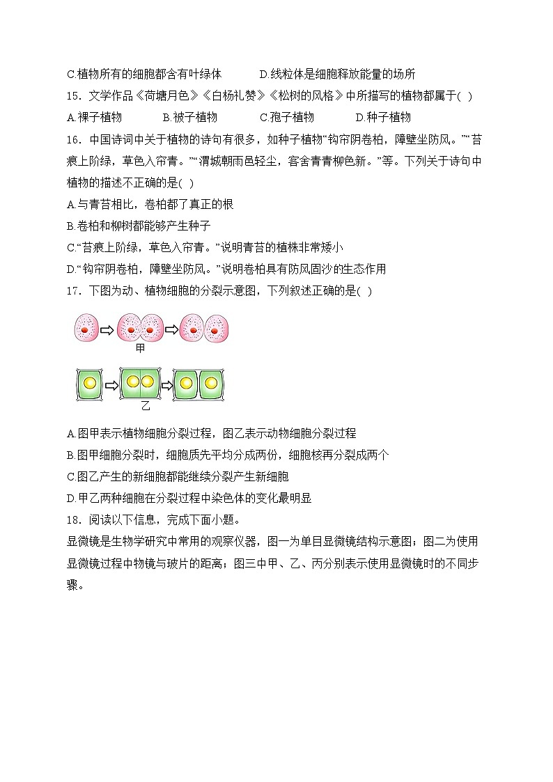 山东省青岛市胶州市2024-2025学年七年级上学期期中考试生物试卷(含答案)第3页