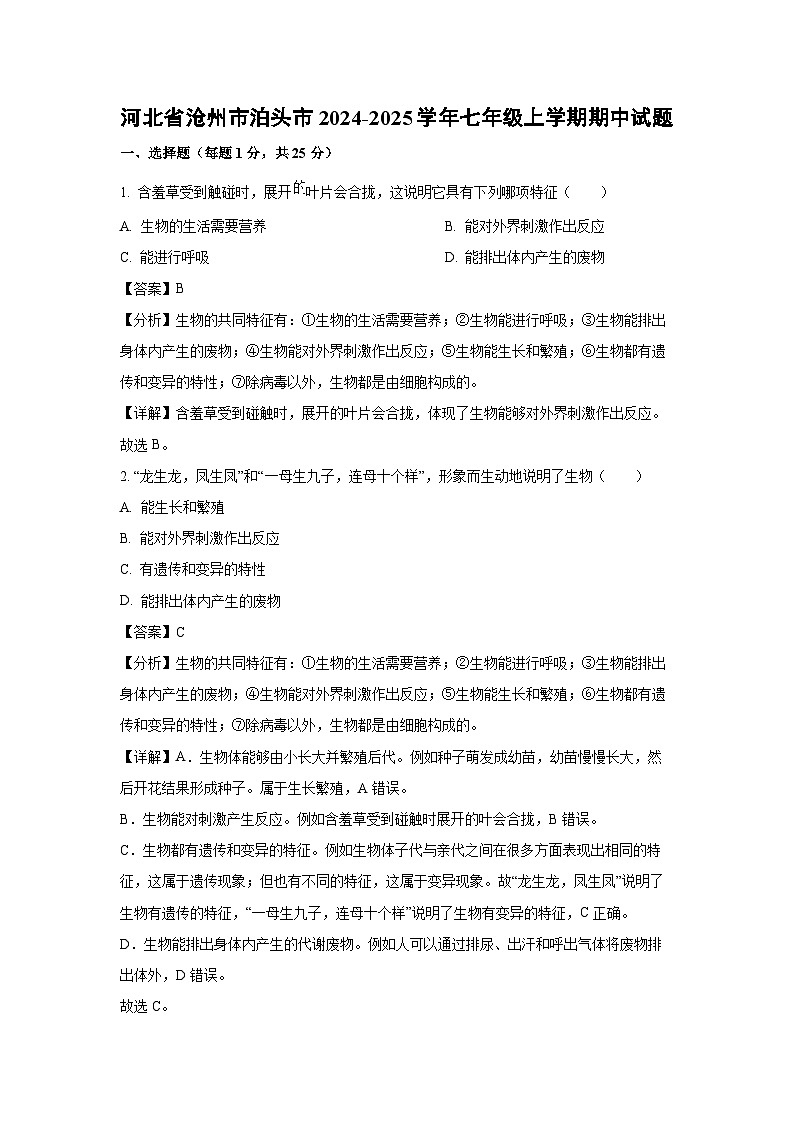 2024-2025学年河北省沧州市泊头市七年级(上)期中生物试卷(解析版)第1页