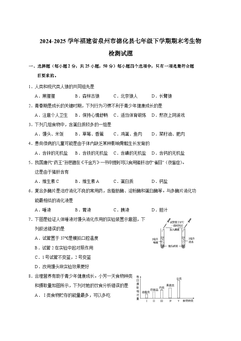 2024-2025学年福建省泉州市德化县七年级下学期期末考生物检测试题（含答案）