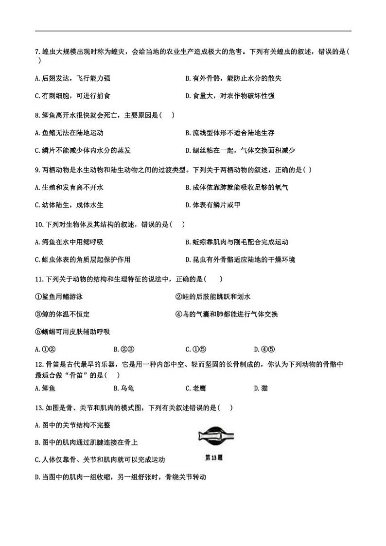 2023~2024学年新疆维吾尔自治区吐鲁番市八年级(上)期末考试生物试卷(含答案)第2页