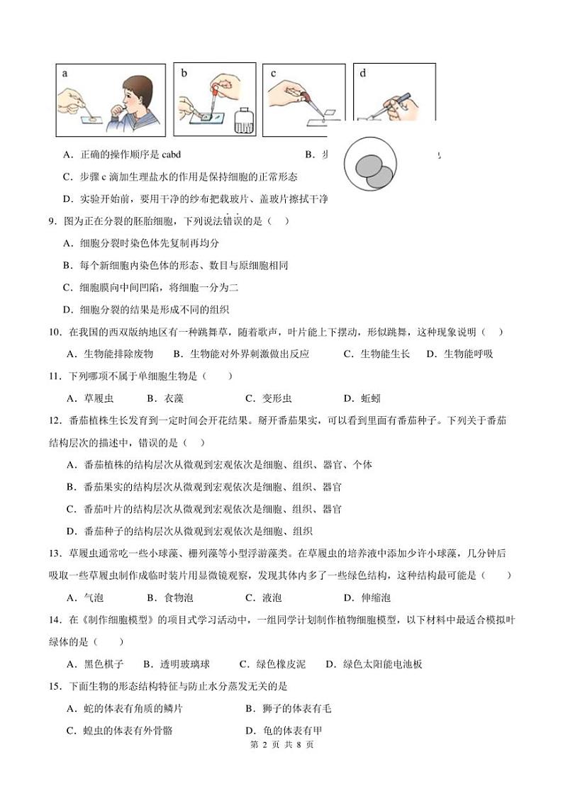 2024~2025学年四川省泸州市泸县第五中学七年级(上)12月月考生物试卷(含答案)第2页