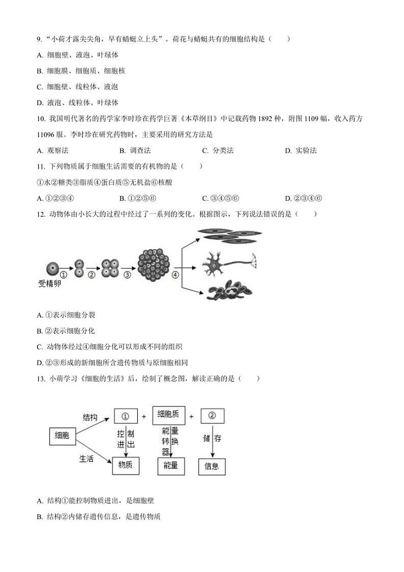 2024~2025学年陕西省咸阳市实验中学七年级(上)第二次质量检测生物试卷(含答案)第3页