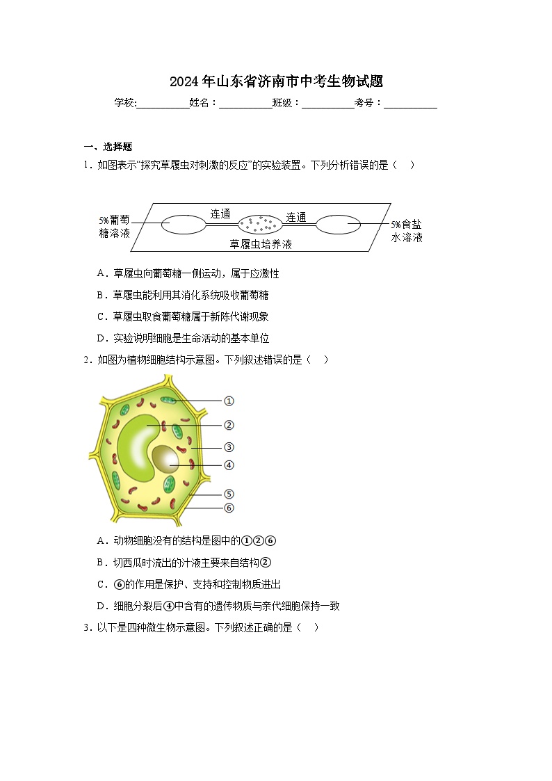 2024年山东省济南市中考生物试题