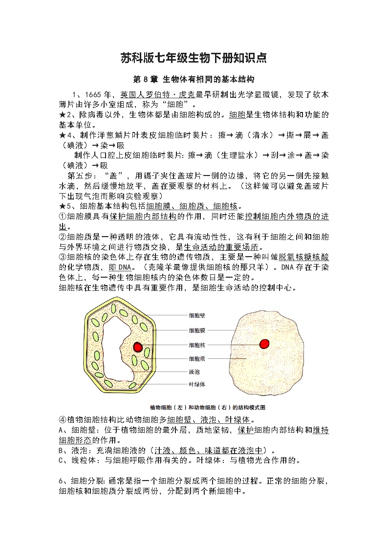 苏科版七年级生物下册知识点