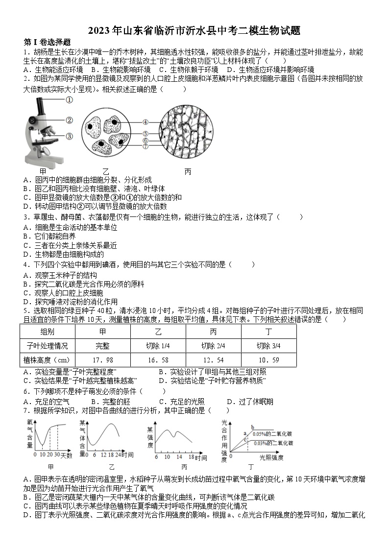 精品解析：2023年山东省临沂市沂水县中考二模生物试题-A4答案卷尾