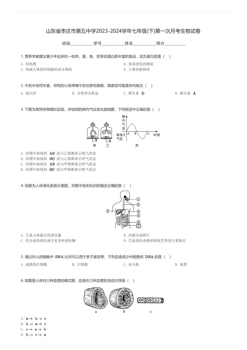 山东省枣庄市第五中学2023-2024学年七年级(下)第一次月考生物试卷(含解析)