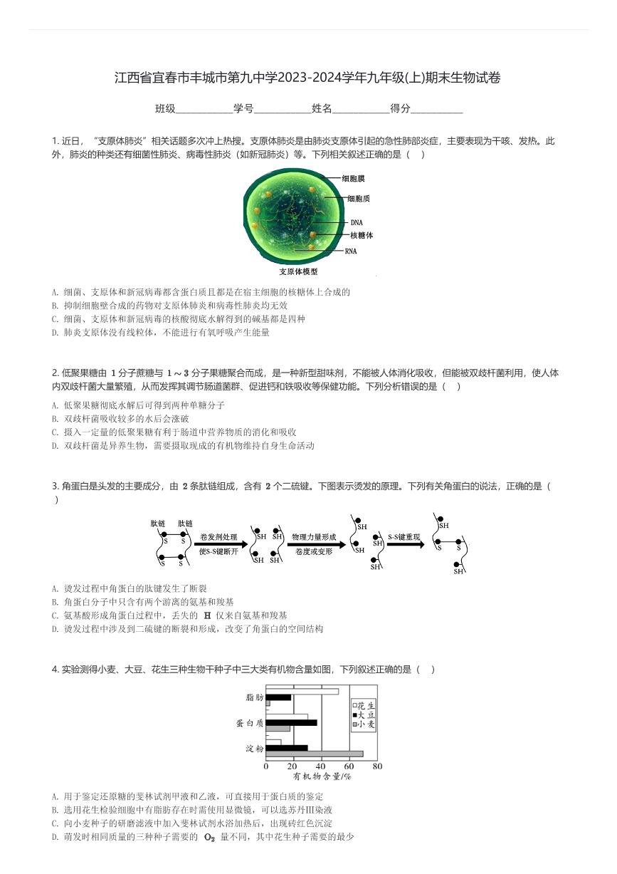 江西省宜春市丰城市第九中学2023-2024学年九年级(上)期末生物试卷(含解析)