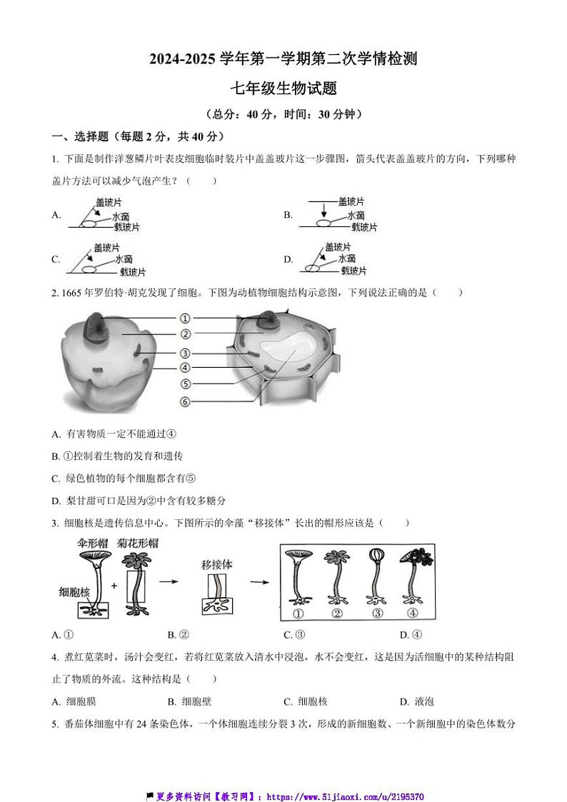 2024~2025学年江苏省徐州市东苑中学七年级(上)12月月考生物试卷(含答案)第1页