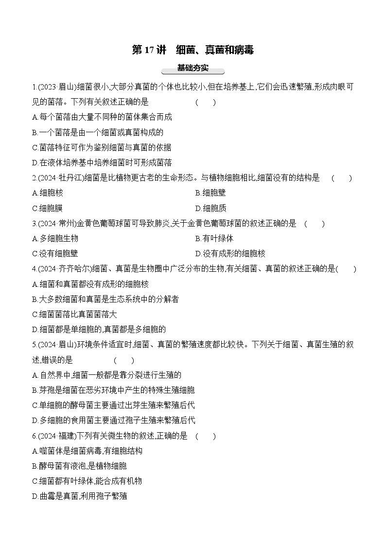第17讲 细菌、真菌和病毒-【专题练习】2025年中考生物一轮复习专题练习(含答案)第1页