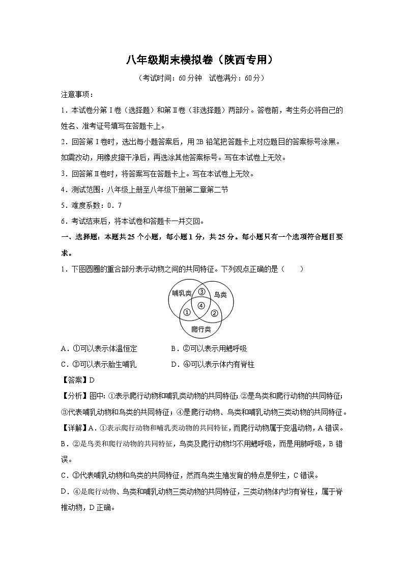八年级(上)期末模拟卷(陕西专用)生物试卷(解析版)第1页