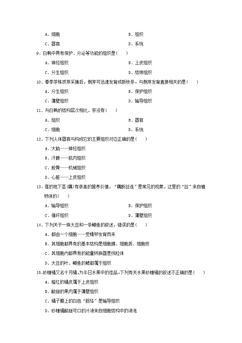 福建省2024七年级生物上册第一单元生物和细胞第三章从细胞到生物体学情评估试卷(附答案人教版)第3页