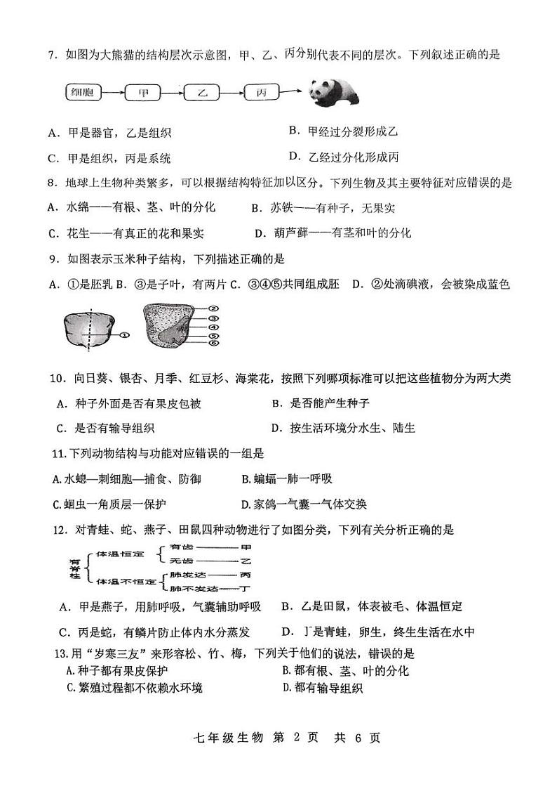吉林省长春市农安县2024-2025学年七年级上学期12月期末生物试题第2页