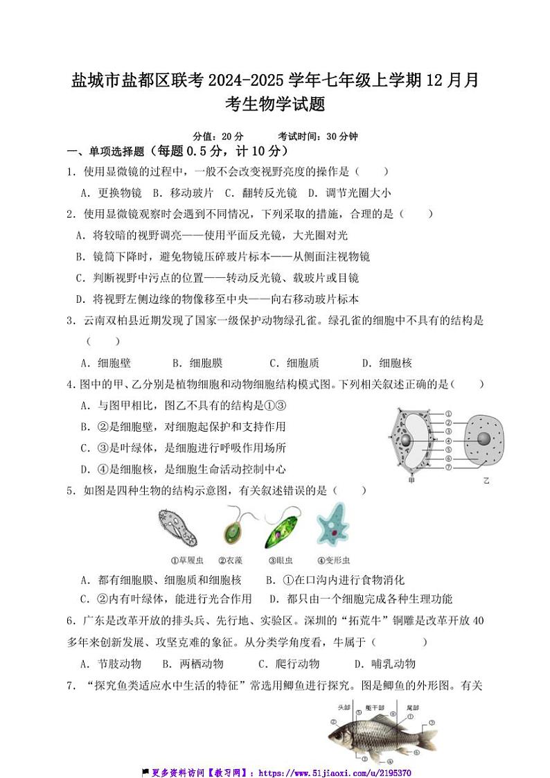 2024~2025学年江苏省盐城市盐都区联考(月考)七年级(上)12月月考生物试卷(含答案)第1页