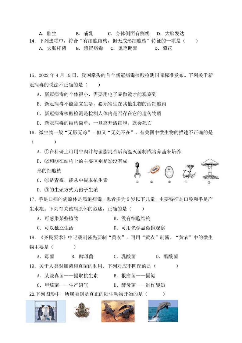 2024~2025学年江苏省盐城市盐都区联考(月考)七年级(上)12月月考生物试卷(含答案)第3页