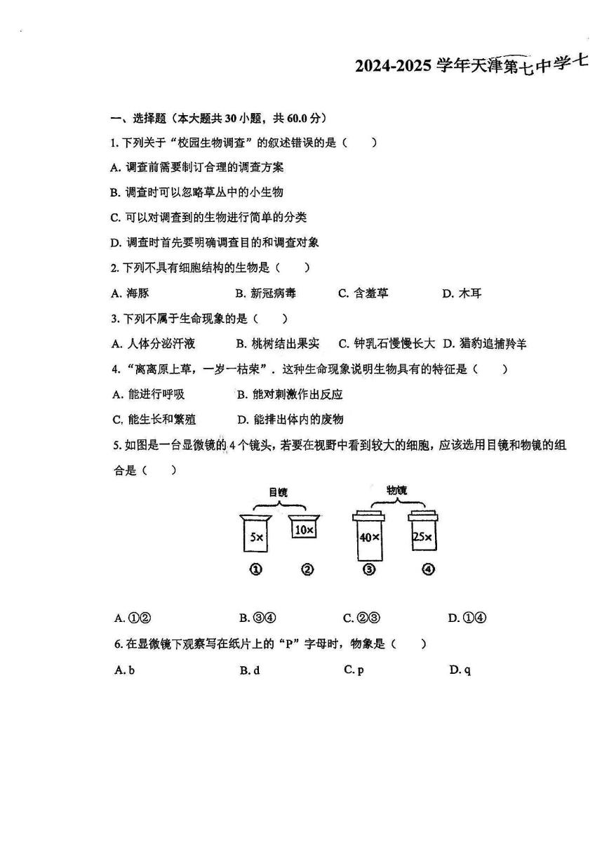 天津市第七中学2024-2025学年七年级上学期期中生物试卷