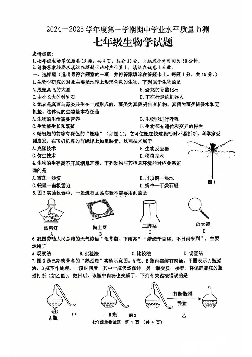 江苏省连云港市赣榆区2024-2025学年七年级上学期期中考试生物试题