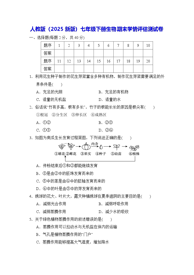 人教版（2025新版）七年级下册生物期末学情评估测试卷（含答案）