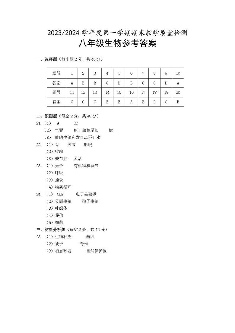 安徽省巢湖市2023-2024八年级生物上册期末试卷 八年级生物答案第1页